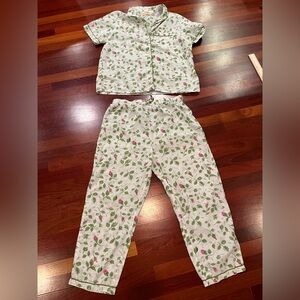 La Cera Floral Short-Sleeve Pajama Set in Cream with Pink & Green Print Cotton